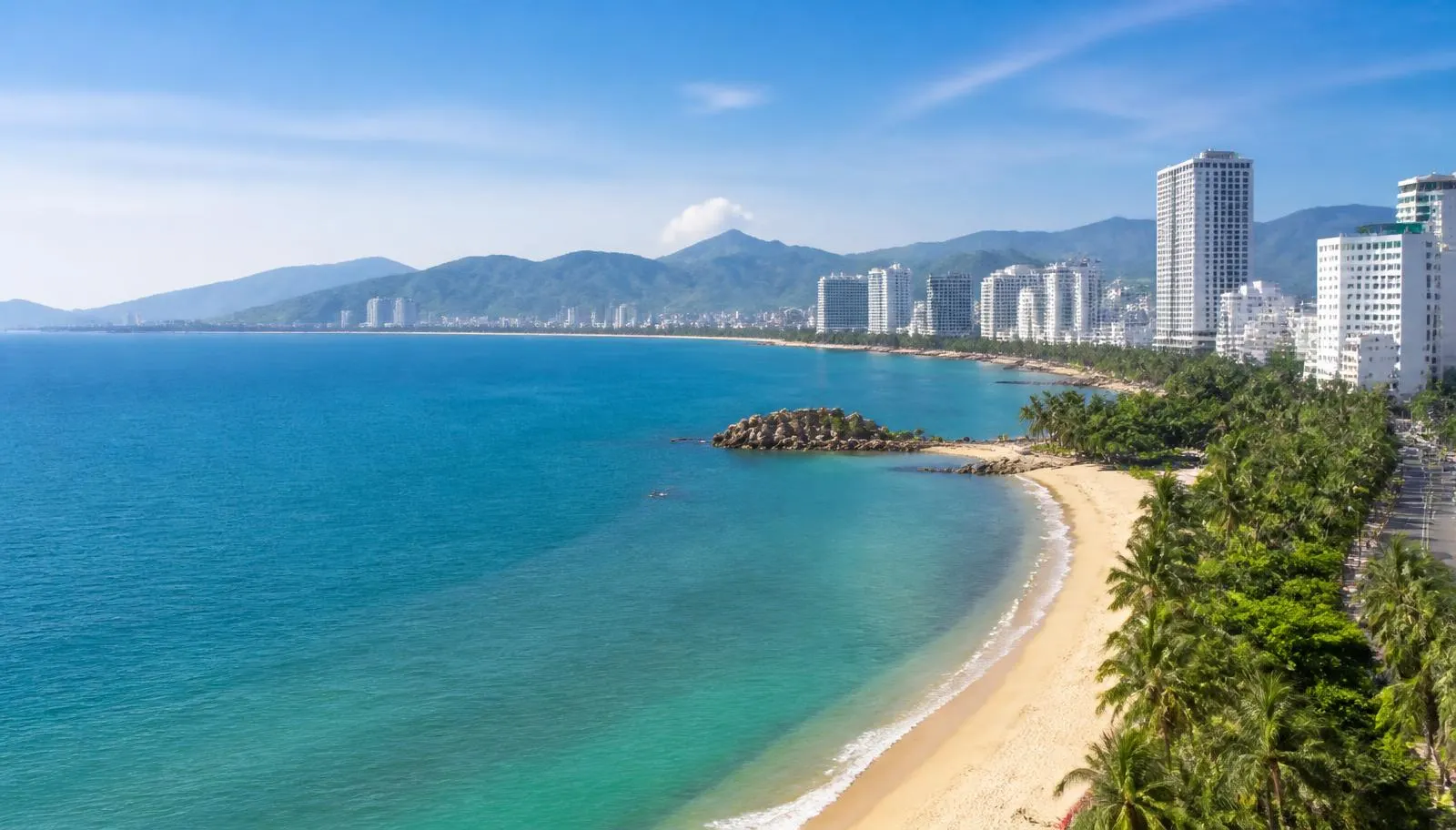 Nha Trang bay with the coastline and city buildings in Vietnam