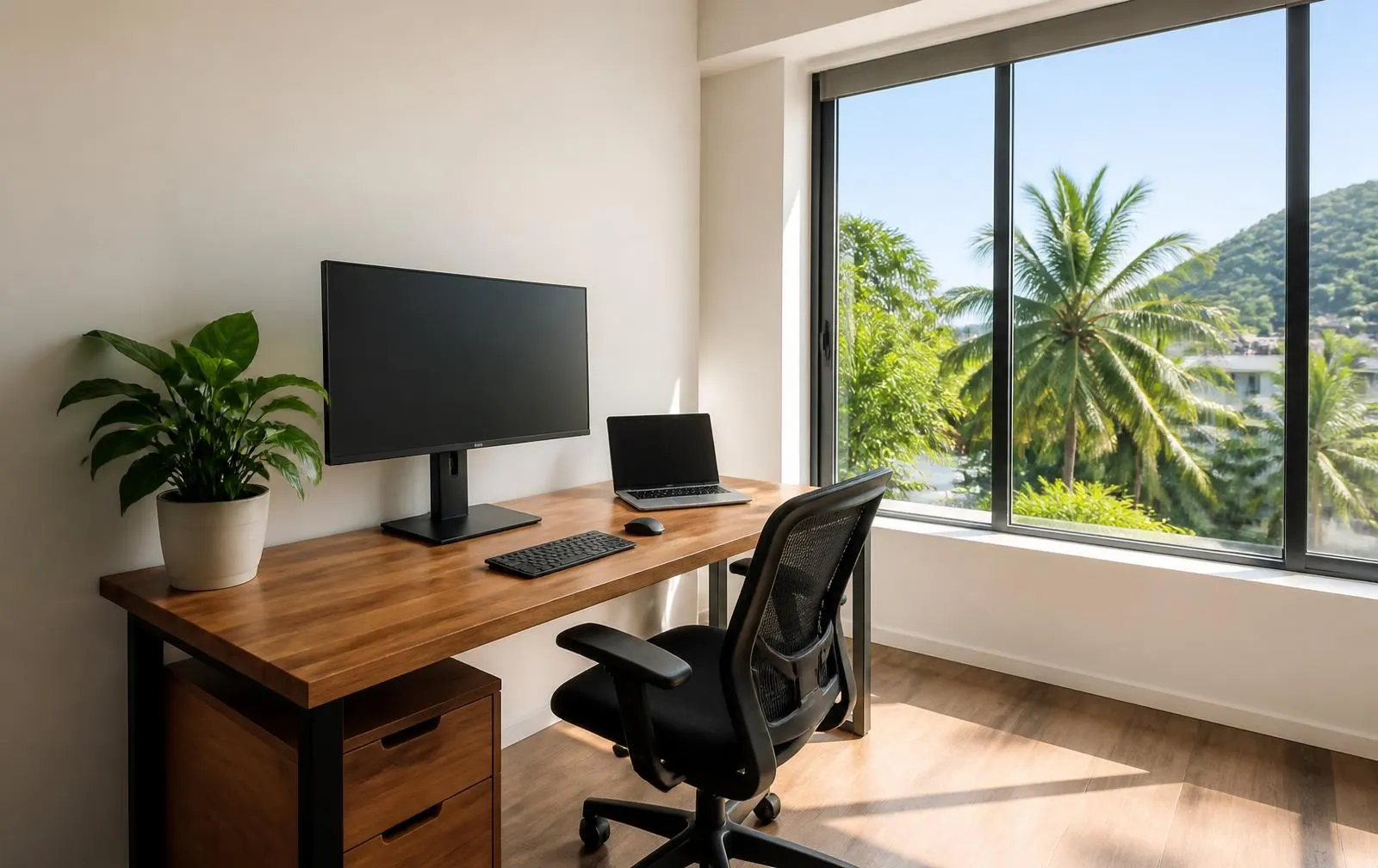 Temporary home workspace with a monitor, desk and office chair in an apartment